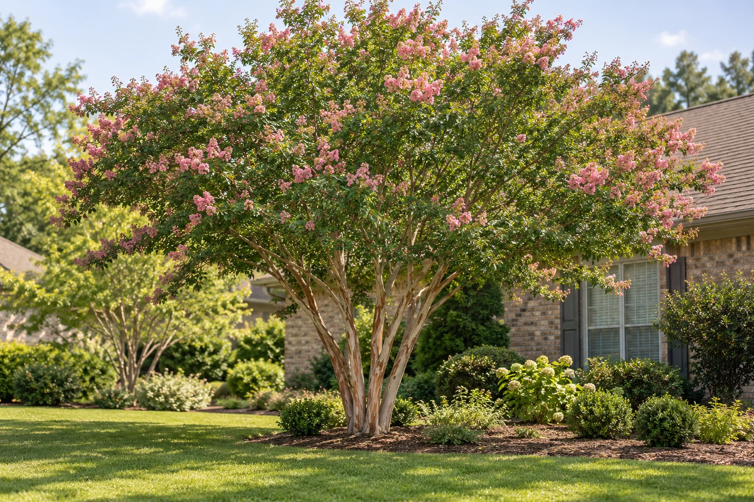 Illustration of a flowering crape myrtle with a natural canopy